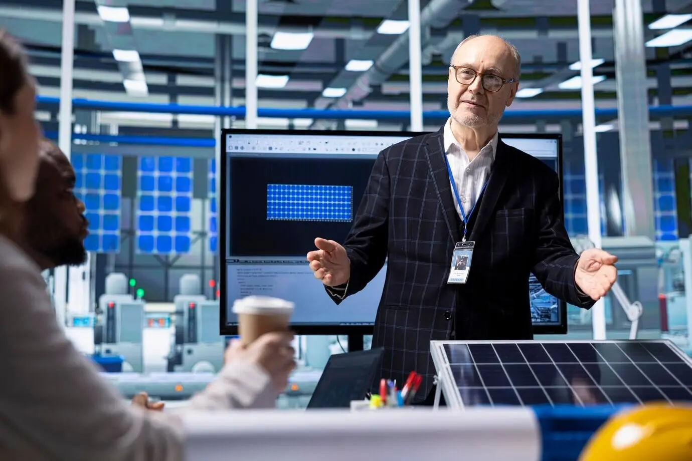 Los inversionistas en la oficina de la planta de paneles solares aseguran el cumplimiento de las regulaciones de la industria.